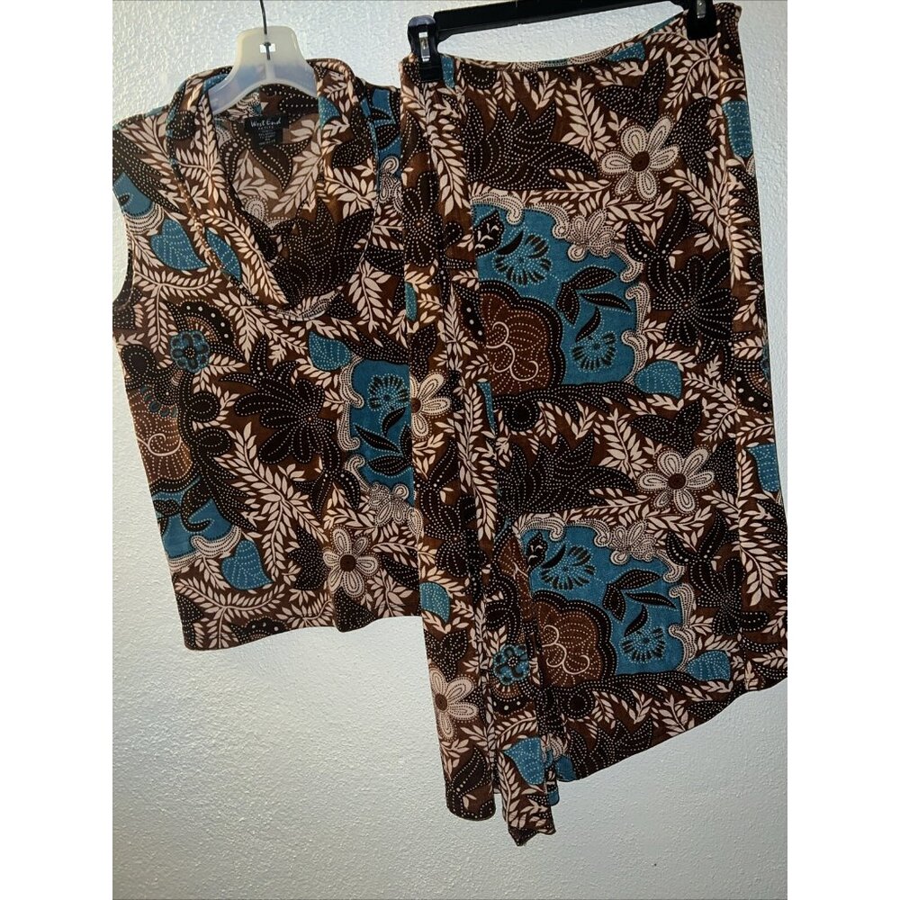 VTG West End Skirt‎ & Blouse Slinky Knit Asymmetric Hem Floral Stretch USA READ